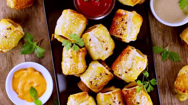 golden pastry rolls with dipping sauces, party appetizer platter