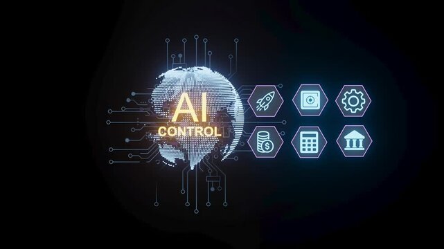 A digital representation of the world with circuits around it. Icons show technology, finance, and control. This work highlights the integration of AI in global systems.