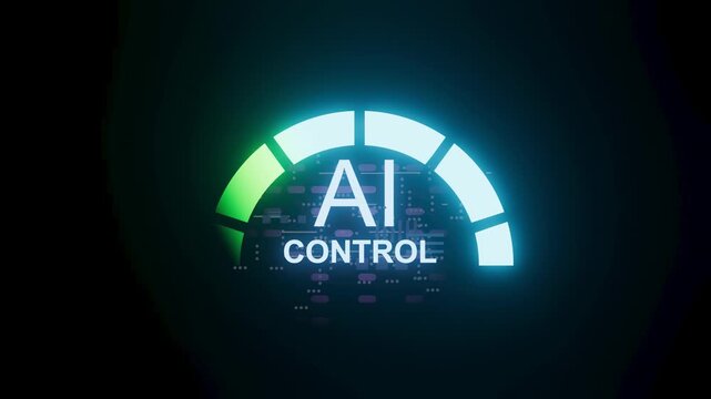 The design shows a gauge with indicators for AI control. It appears on a dark background with digital elements suggesting tech themes. The concept focuses on AI functionalities.