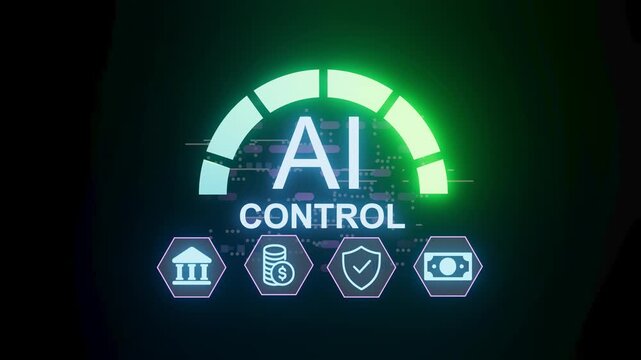 A dashboard displays the term AI control along with symbols for finance, security, and governance. This showcases metrics for managing artificial intelligence systems.