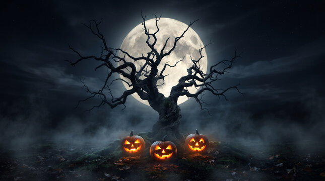 Spooky halloween night with a full moon and glowing jack o lanterns