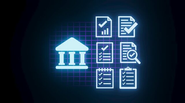 Banking and finance icons including documents, checklists, and a bank symbol. The background has a grid pattern and a glowing effect.