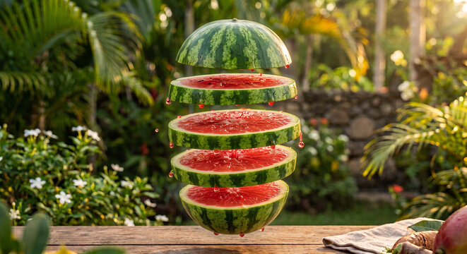 A hyper-realistic photograph of a watermelon sliced into five glossy layers,
