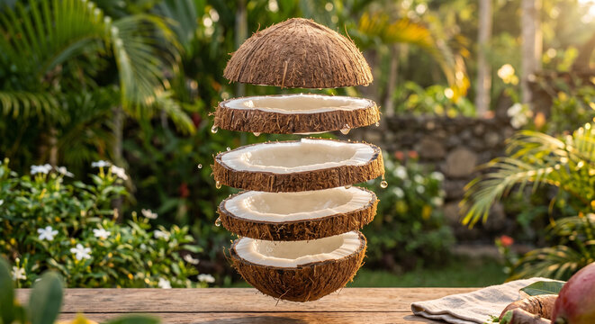 A hyper-realistic photograph of a coconut sliced into five glossy layers,