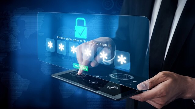 Modern secure authentication process with digital pad displaying OTP code input for user sign in with holographic interface Sigmoid