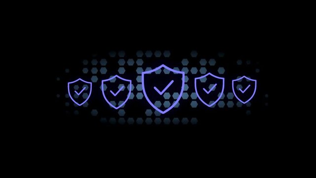 A series of digital symbols show shields with check marks. These symbols indicate security and protection in a technology-focused environment. The background includes hexagonal patterns.
