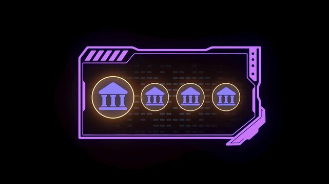 A digital display shows four icons of a building in a row. The background is dark, and glowing outlines highlight the building icons. The setting suggests a modern tech environment.