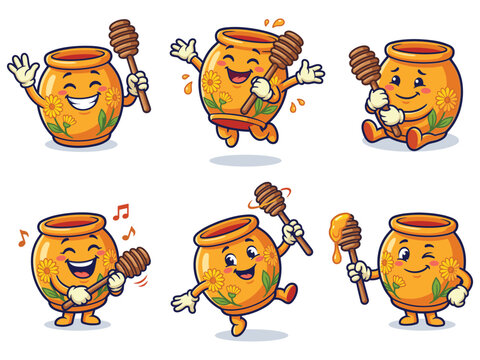 Set of Cute Anthropomorphic Honey Jar Cartoon Characters Holding Honey Dippers with Various Happy Expressions