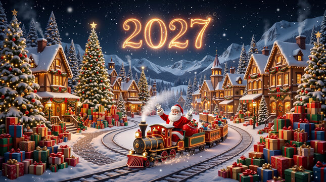 Santa Claus driving festive steam train through magical winter village filled with christmas presents and trees
