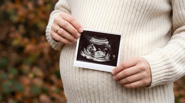 Pregnant woman holding a sonogram photo of her developing baby outdoors