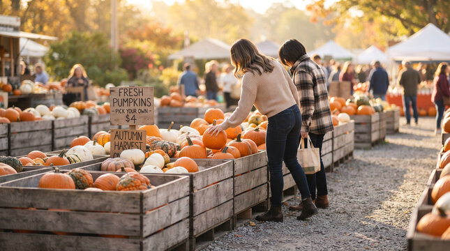 Bustling autumn farmers market scene with fresh produce and happy customers