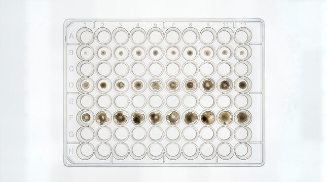 Clear multiwell microplate with multiple round wells containing samples