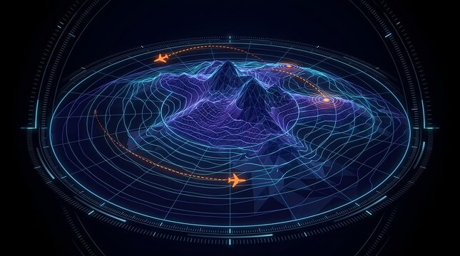 Polar stereographic geospatial navigation radar interface displaying curved Arctic mountain wireframe mesh, circular latitude coordinate grid lines, and dual aircraft orbital flight vectors