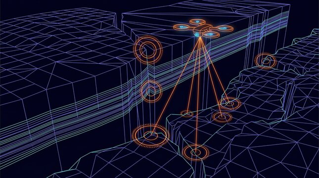 Geological fault line rift topographic survey interface featuring multi tiered volumetric wireframe strata elevation mesh with drone reconnaissance laser scanning and tectonic stress monitoring