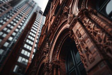 Fototapeta premium Historic Brick Building Corner with Ornate Cornice Detail Against Blurred Modern Skyscraper in Foggy City