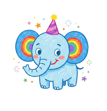 Cute cartoon elephant with rainbow ears wearing party hat on transparent background. Birthday celebration clipart for kids invitation card, nursery decor, baby shower and children party design.