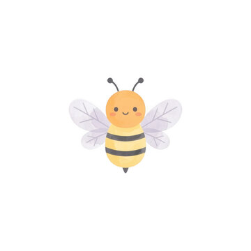 Cute cartoon bee with smiling face and striped body on transparent background. Funny watercolor insect character for kids design, sticker, greeting card, baby shower and spring decoration.