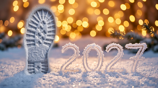 Boot Imprint In Snow Alongside Year 2027 Written In Frost With Warm Bokeh Lights