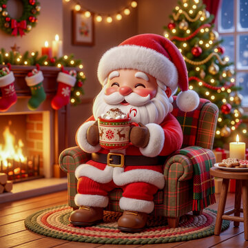 Cute Santa Claus sitting in armchair drinking hot chocolate near Christmas fireplace