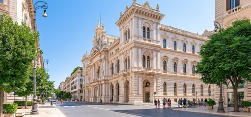 Fototapeta premium Historic Roman architecture featuring detailed stone carvings and large arches on a sunny day with visitors.