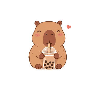 Cute cartoon capybara drinking bubble tea with straw and heart. Kawaii animal character with happy face on transparent background. Sticker and clipart for kids design, greeting card and print.