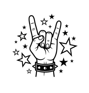 Rock hand gesture with spiked bracelet and stars on transparent background. Black and white line art illustration of rock and roll horn sign. Music concert, festival and party design element.