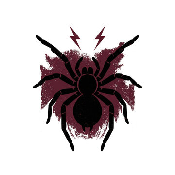 Black spider silhouette with lightning bolts on dark red grunge stain on transparent background. Scary arachnid icon for halloween design, t-shirt print, tattoo and horror party decoration.
