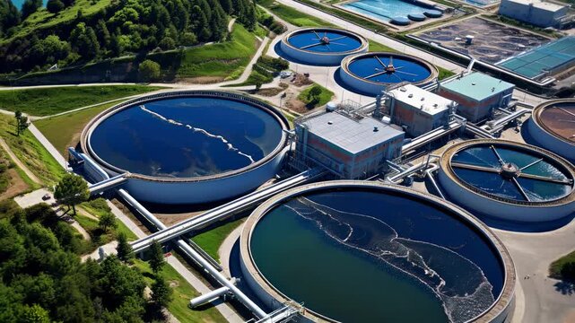 Aerial view of a water treatment plant with circular tanks and greenery. The video captures the industrial landscape from a high angle. Live desktop wallpaper.