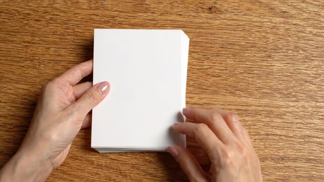 Hands Aligning Blank Paper Pages for Handmade Zine Making Wooden Table, Creative Publication Preparation, Tactile Craft, Warm Natural Texture
