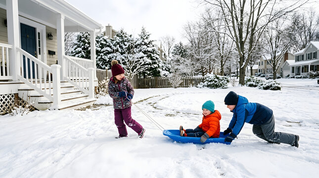 Happy children playing together in a snowy front yard, pulling and pushing a toddler on a blue plastic sled during a cold winter day in a suburban residential neighborhood.