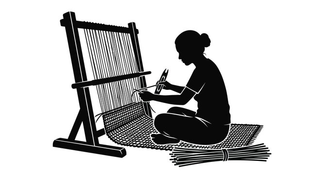 Woman weaving on a loom black silhouette