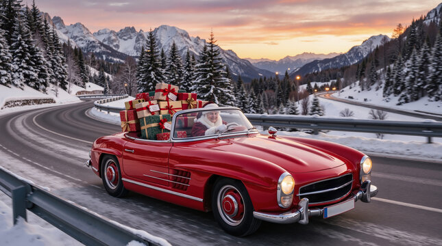 Santa Claus driving red vintage classic sports car loaded with Christmas presents on snowy mountain road