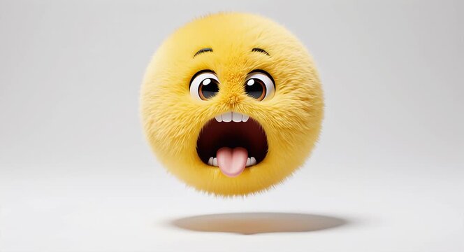 Fluffy yellow emoji character with wide eyes and open mouth, tongue sticking out in surprise or fear