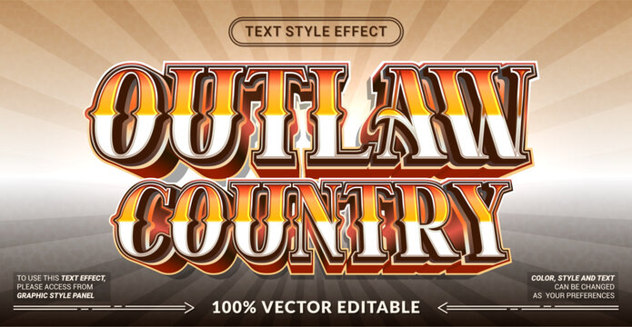 Outlaw Country 3D editable text effect vector template for western posters, cowboy festival flyers, vintage music banners, and rodeo graphics. Fully customizable graphic style.