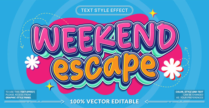 Weekend Escape 3D editable text effect vector template for holiday travel banners, vacation posters, summer party flyers, and fun event graphics. Fully customizable graphic style.