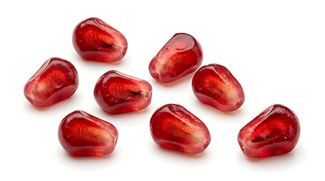 Pomegranate arils scattered on a white background seeds