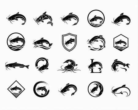Set of minimalist catfish icons and silhouettes, simple fish symbol collection in flat design