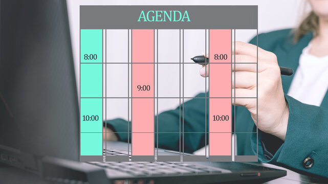 Businesswoman managing digital agenda schedule while working remotely on laptop computer calendar