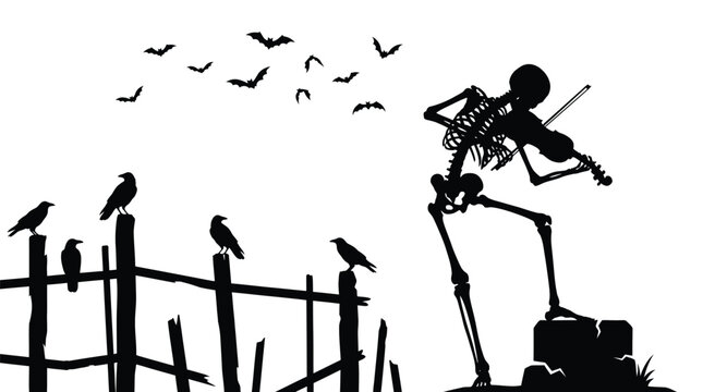 Spooky skeleton playing violin vector illustration featuring flying bats and black crows perched on rustic fence