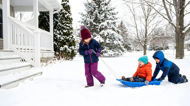 Happy young children in warm winter clothing playing with a blue sled in the deep white snow near a house porch, enjoying a fun outdoor winter activity in a suburban snowy backyard.