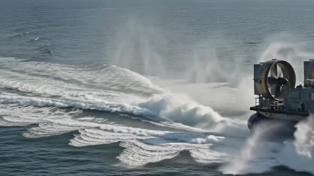 Military Hovercraft Speeding Across Ocean Water with Powerful Spray 4k