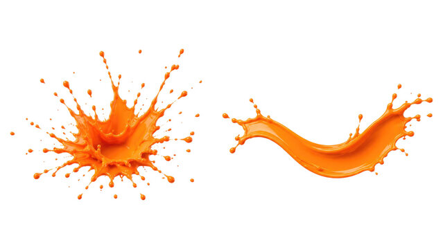 Two vivid orange paint splashes and droplets isolated on a transparent background, showing dynamic fluid motion and glossy texture