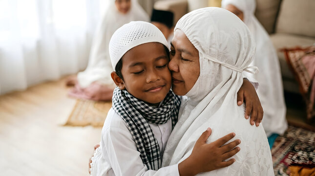 Heartwarming moment of an elderly Muslim grandmother hugging her grandson during Eid al-Fitr religious celebration at home, both wearing traditional white prayer outfits in a loving family setting.