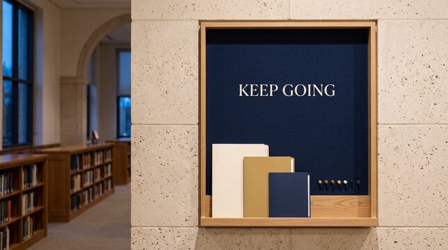 Library study area with stone wall bulletin board display and stacked books interior design keep going knowledge base learning center educational facility bookshelf interior