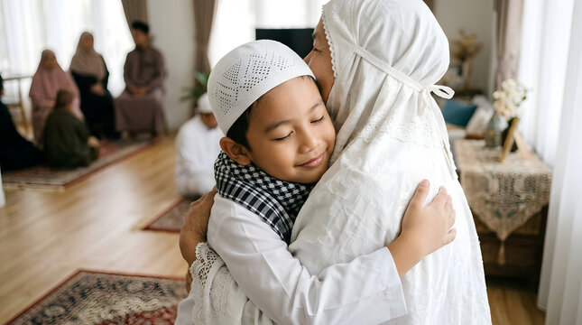 Heartwarming moment of a young Muslim boy hugging his grandmother during Eid al-Fitr celebration at home, expressing love and togetherness with family members in the background.