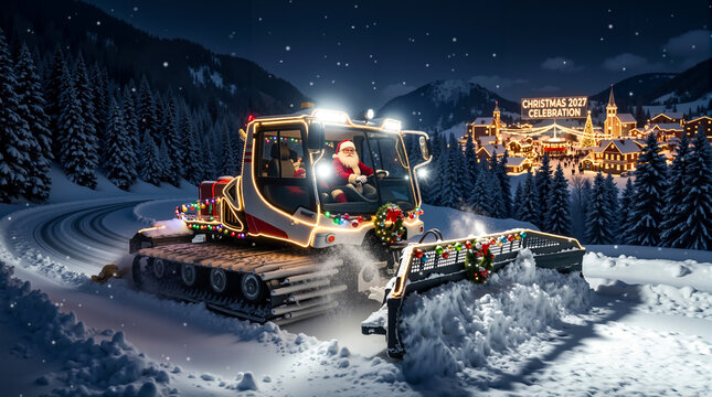 Santa Claus operating a snowcat snow groomer on a mountain road near a festive illuminated winter village