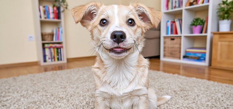 A devoted dog with expressive eyes positioned in a warm, inviting home environment, ideal for pet-related themes.