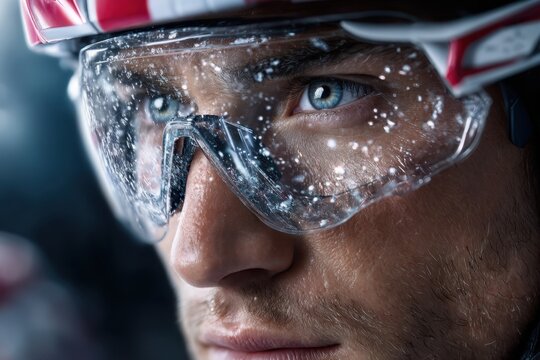 Close up of an athlete preparing for a winter sport in a snowy environment with focused expression