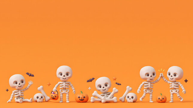 Cute 3d halloween skeletons with pumpkins and bones on an orange background