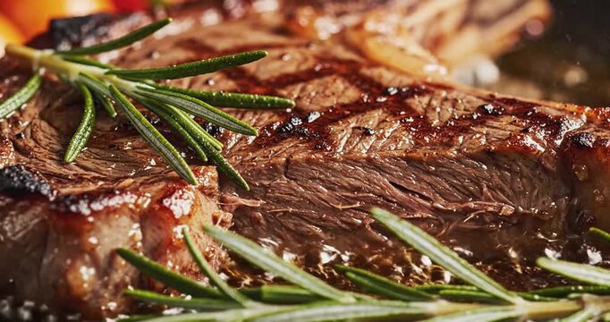 Macro shot of grilled tomahawk steak topped with fresh rosemary. Juicy, tender meat and grill marks captured in delicious detail. 4K Video 60 fps